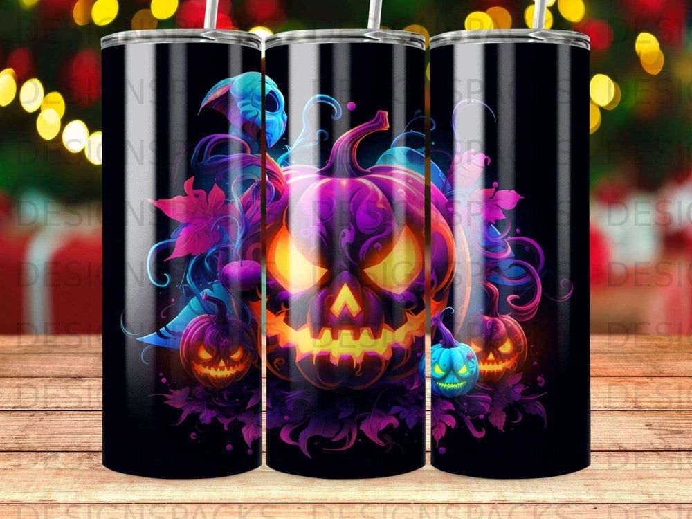 Halloween tumbler with jack-o'-lanterns, skulls, and spooky purple and orange lighting.