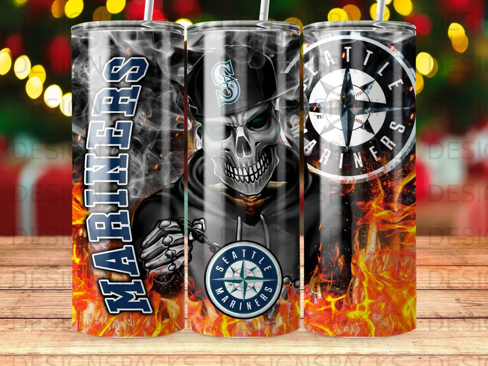 Seattle Mariners skull graphic on a tumbler with fiery background.