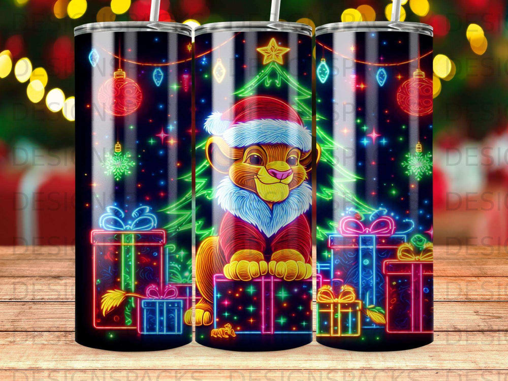 Lion king character in Santa hat with Christmas tree and presents.