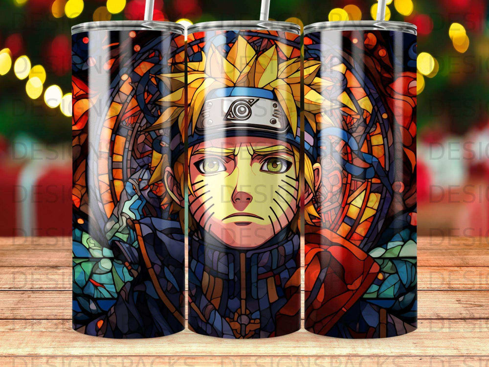 Naruto Uzumaki in stained glass style on a tumbler.