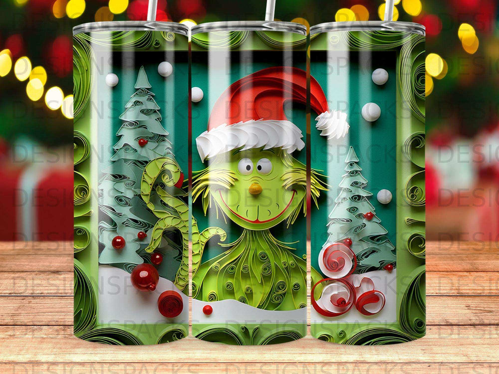 The Grinch in a Santa hat with Christmas trees and candy canes.
