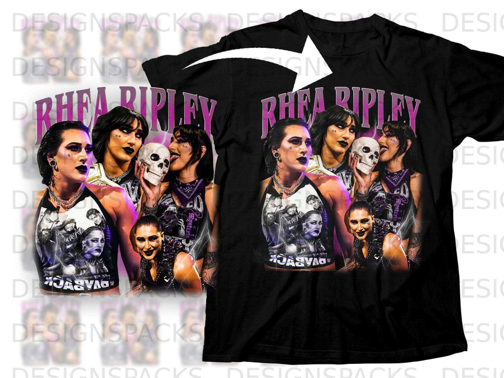 Rhea Ripley graphic t-shirt with collaged wrestler images and text.