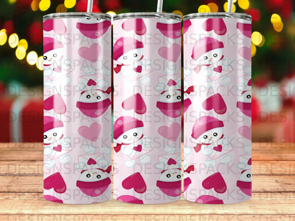Three identical tumblers with a snowman holding a heart and hearts.