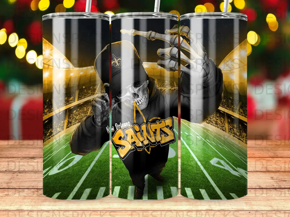 Skeleton in Saints hoodie holding Saints logo on football field.