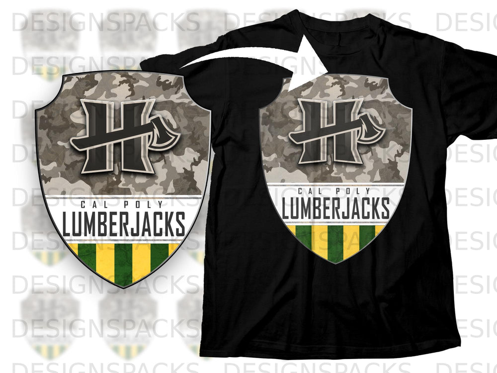 Black t-shirt featuring a shield logo with camouflage, a stylized "H", and "Cal Poly Lumberjacks".