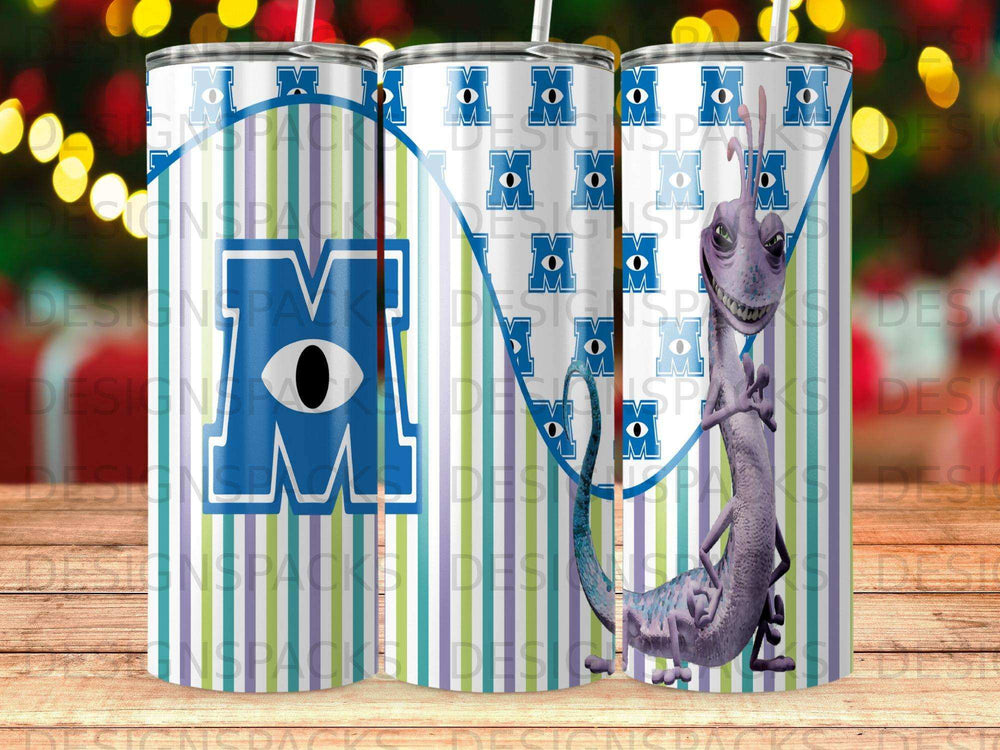 Monsters, Inc. characters Randall and Mike Wazowski on a blue, green, and purple striped tumbler.
