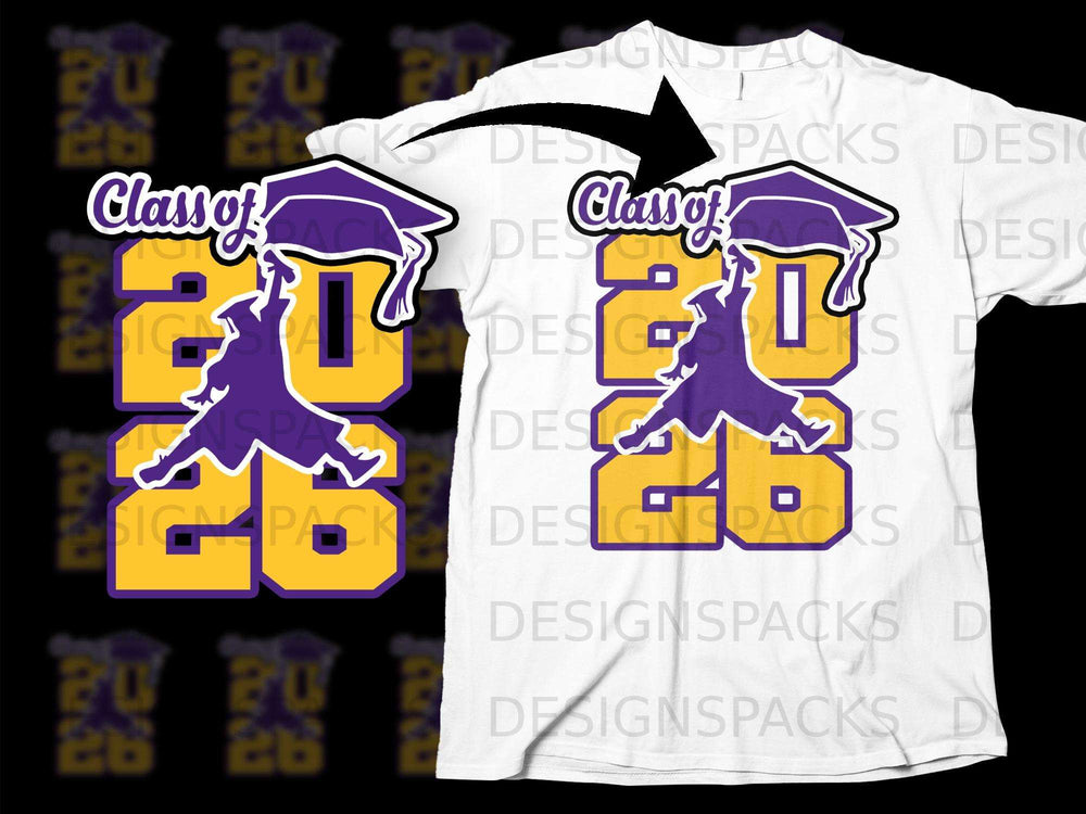 Purple and yellow "Class of 2026" design with a graduation cap and silhouette.