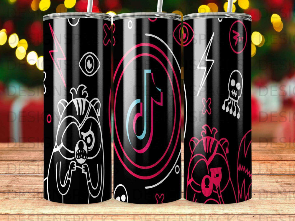 Black tumbler with TikTok logo, raccoon, and skull graphics.