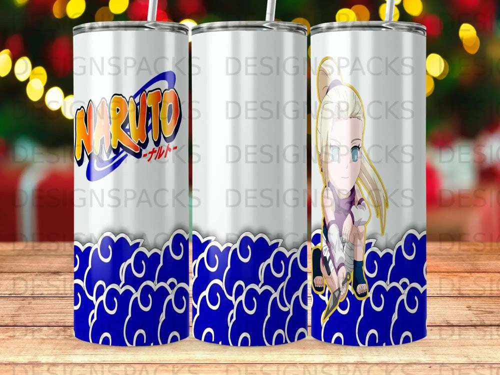 Naruto character Sakura Haruno with blue swirling clouds pattern on a tumbler.