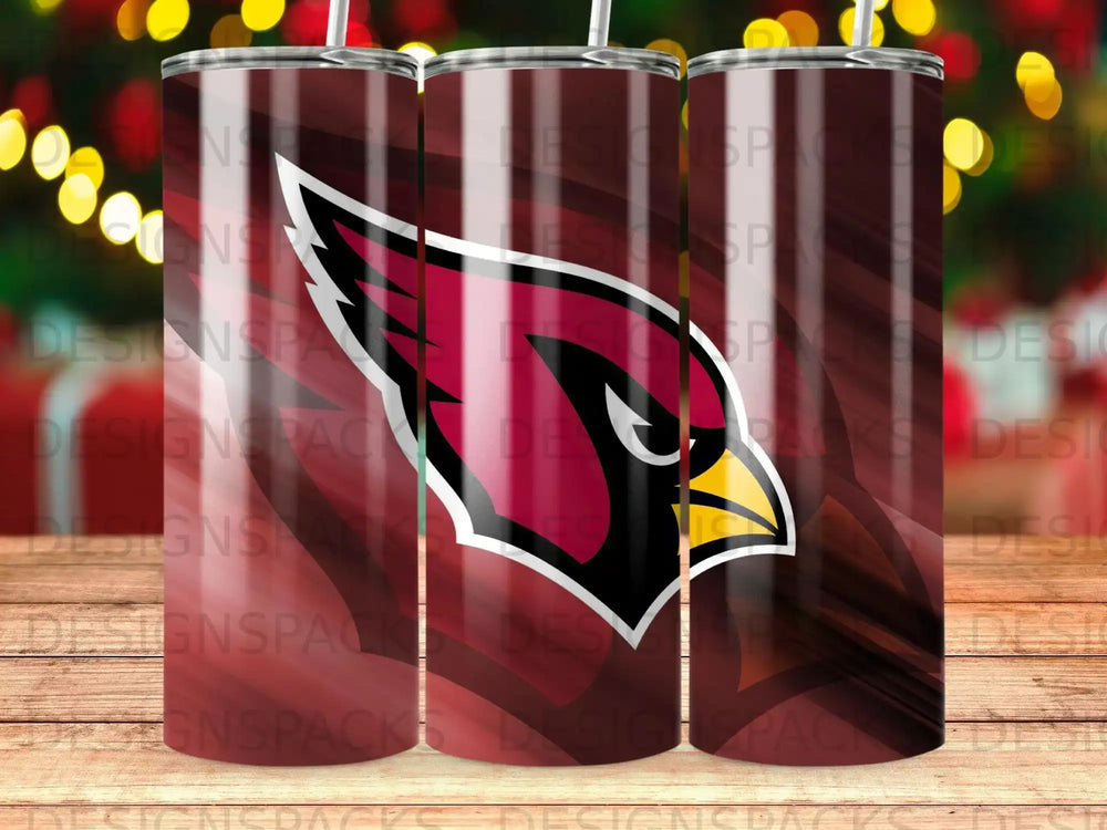 Arizona Cardinals logo on a tumbler with a red and black patterned background.