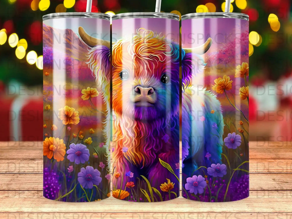 Highland cow with colorful fur surrounded by purple and orange flowers.