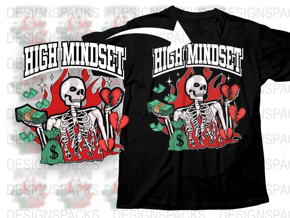 High Mindset Skull Graphic T-Shirt, Bold Red Flames, Cash Motif, Urban Streetwear Style Tee