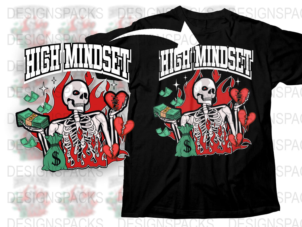 High Mindset Skull Graphic T-Shirt, Bold Red Flames, Cash Motif, Urban Streetwear Style Tee