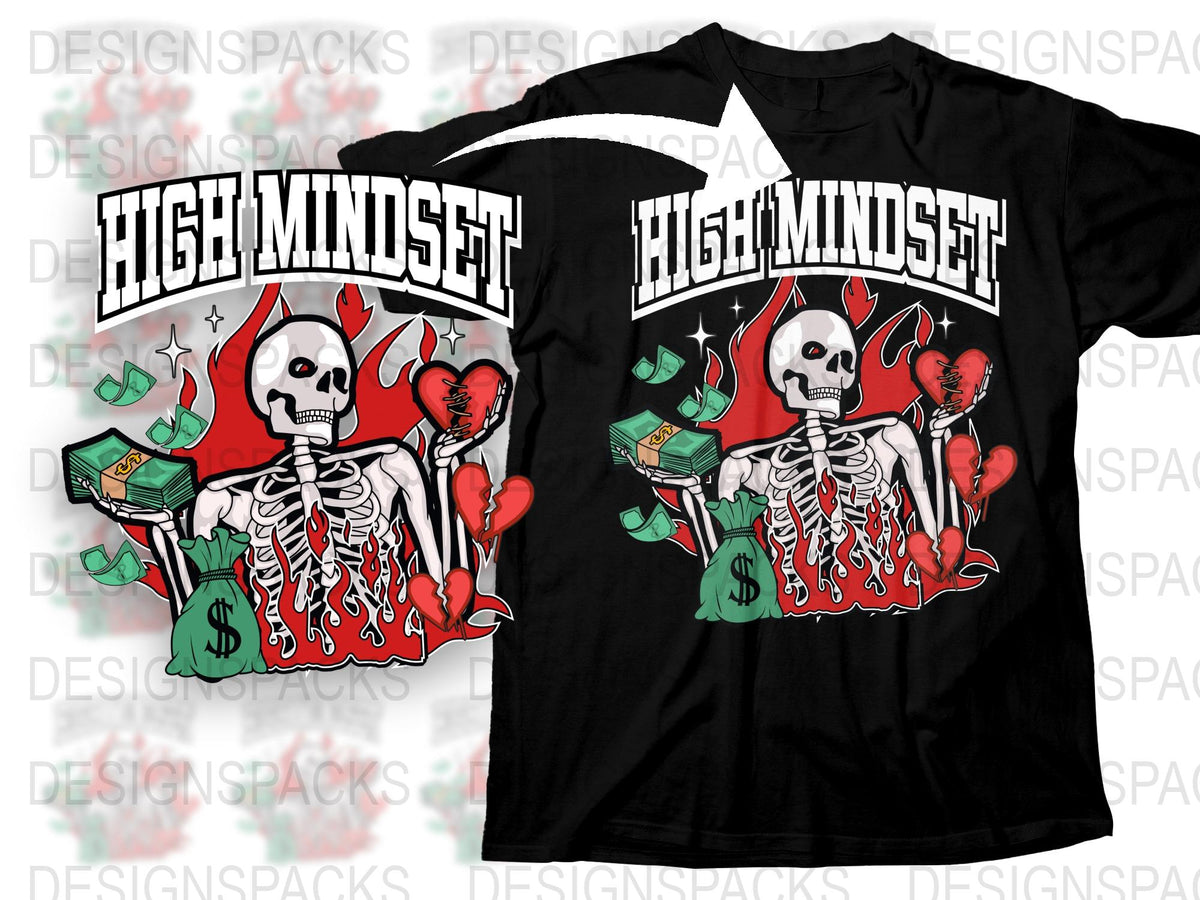 High Mindset Skull Graphic T-Shirt, Bold Red Flames, Cash Motif, Urban Streetwear Style Tee