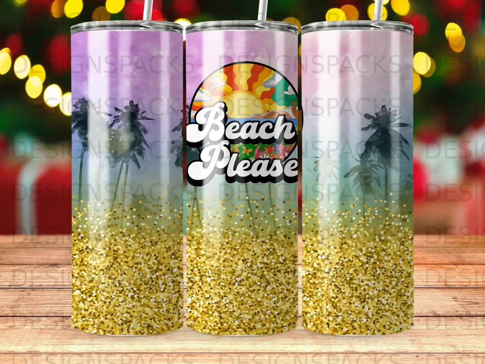 Tumbler with "Beach Please" text, palm trees, and gold glitter design.