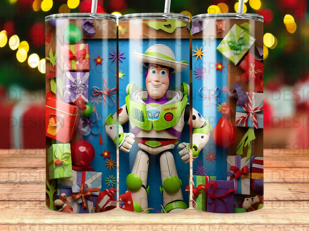 Buzz Lightyear surrounded by wrapped gifts and holiday decorations.