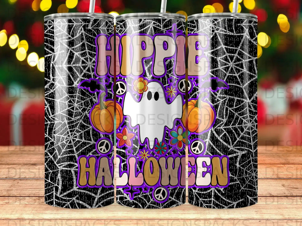 Halloween tumbler with "Hippie Halloween" text, ghost, pumpkins, and spiderwebs.