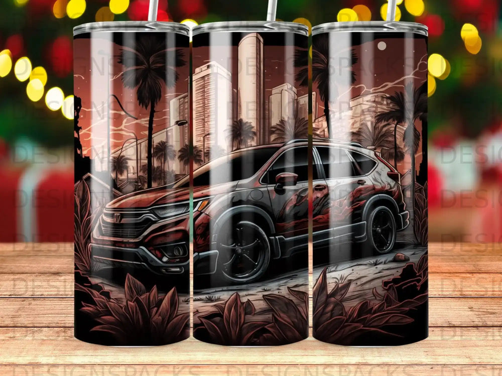 Red SUV parked in urban setting with palm trees and skyscrapers.