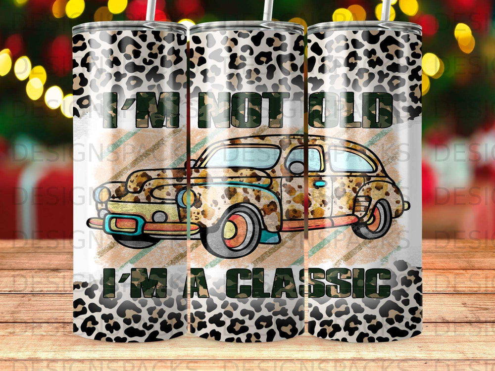 Leopard print tumbler with a vintage car and "I'm Not Old I'm A Classic" text.