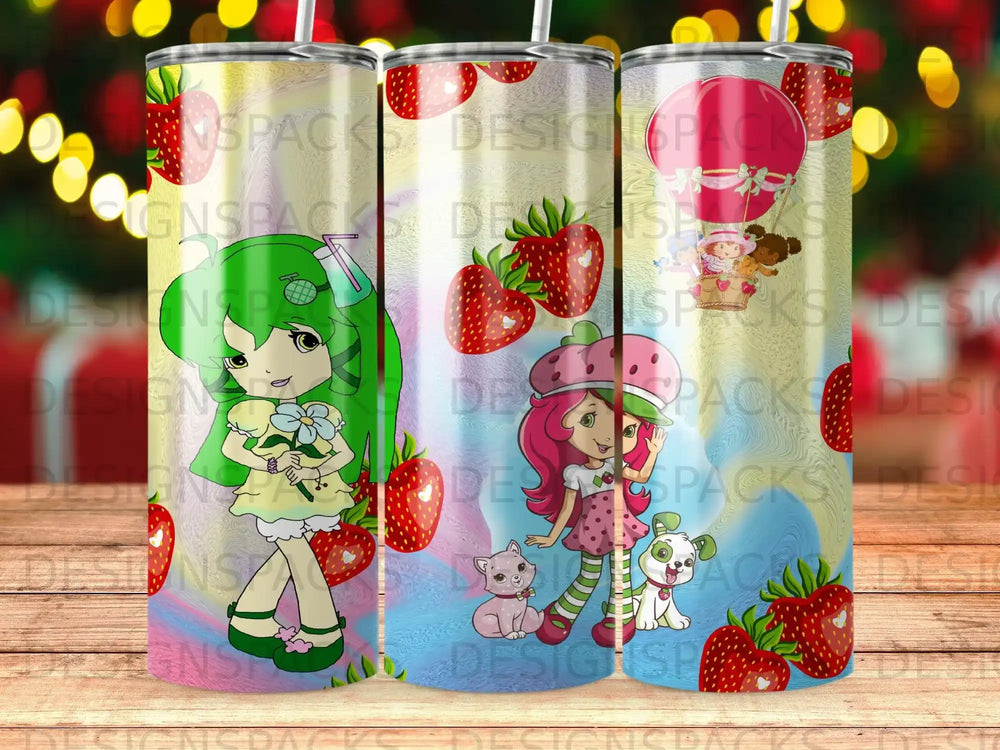 Strawberry Shortcake and friends illustration on a tumbler.