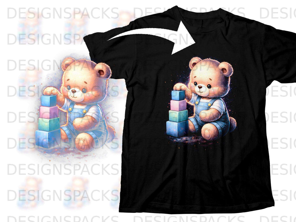 Black t-shirt featuring a teddy bear playing with colorful blocks.