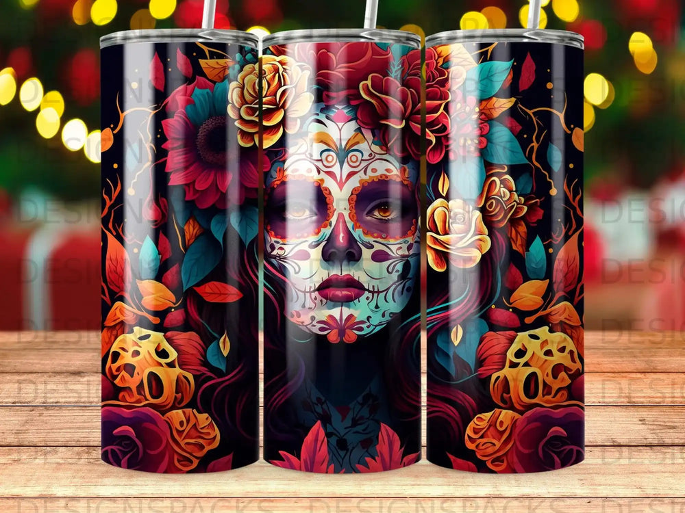 Sugar skull woman with flowers and skulls on a tumbler.
