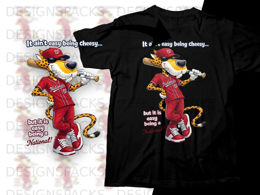 Chester Cheetah in Nationals uniform with baseball bat, "It ain't easy being cheesy."