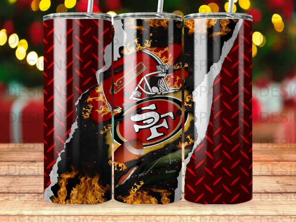 San Francisco 49ers helmet with flames and diamond plate pattern.