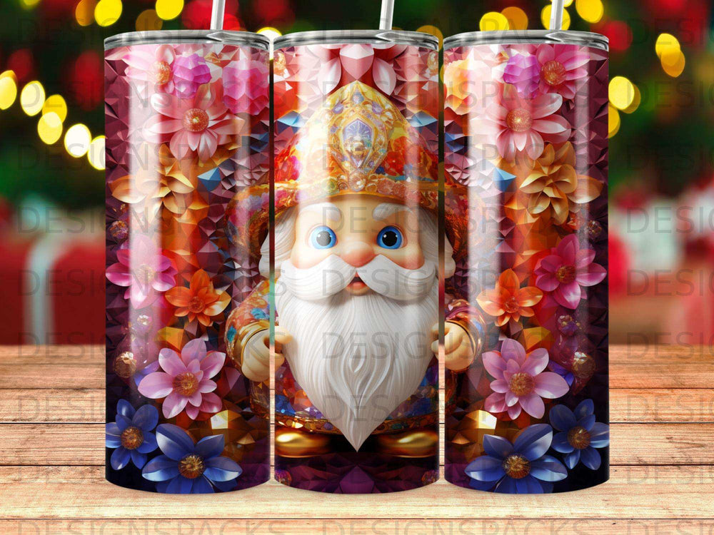 Santa Claus with jeweled hat and floral pattern on a tumbler.