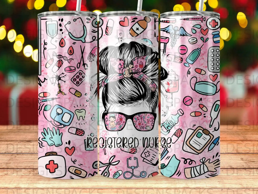 Registered Nurse tumbler with medical illustrations and pink glitter accents.