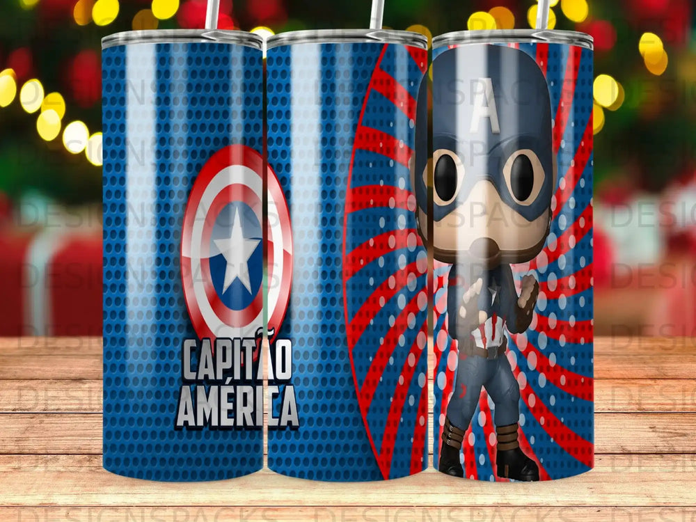 Captain America tumbler with shield and star pattern.