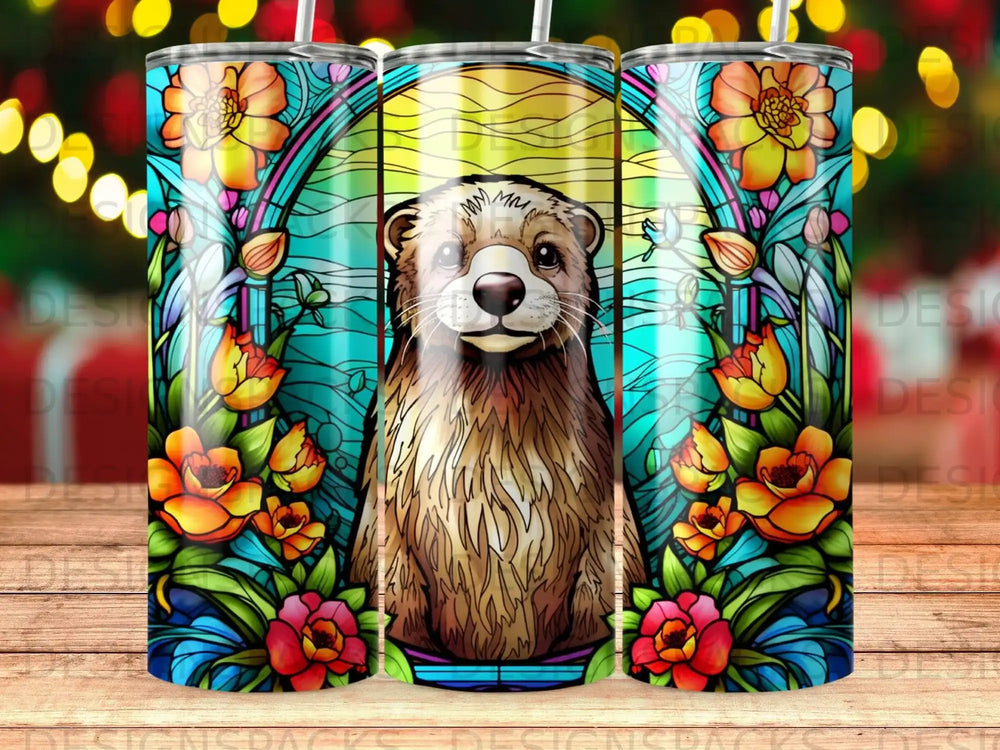 Ferret portrait framed by stained glass and floral elements.