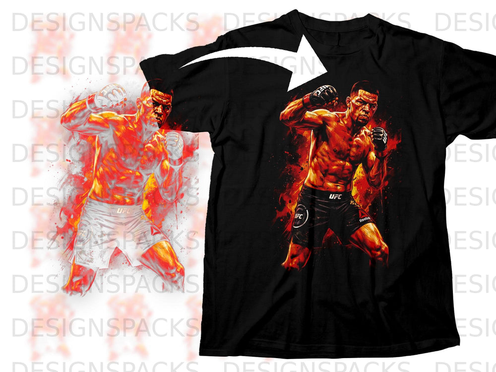 Black t-shirt with fiery graphic of MMA fighter Nate Diaz in fight stance.