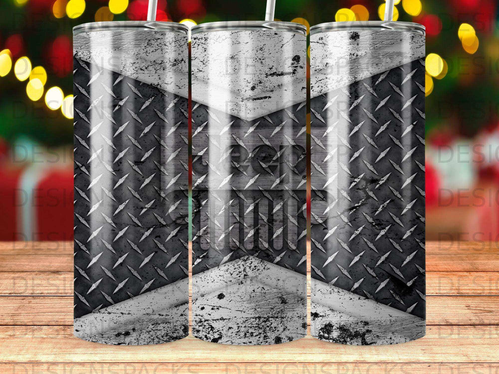 Triptych of silver diamond plate tumblers with a distressed white stripe.