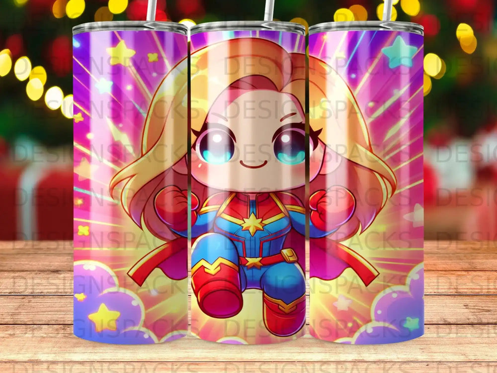 Cartoon Captain Marvel character on a purple gradient background with stars.