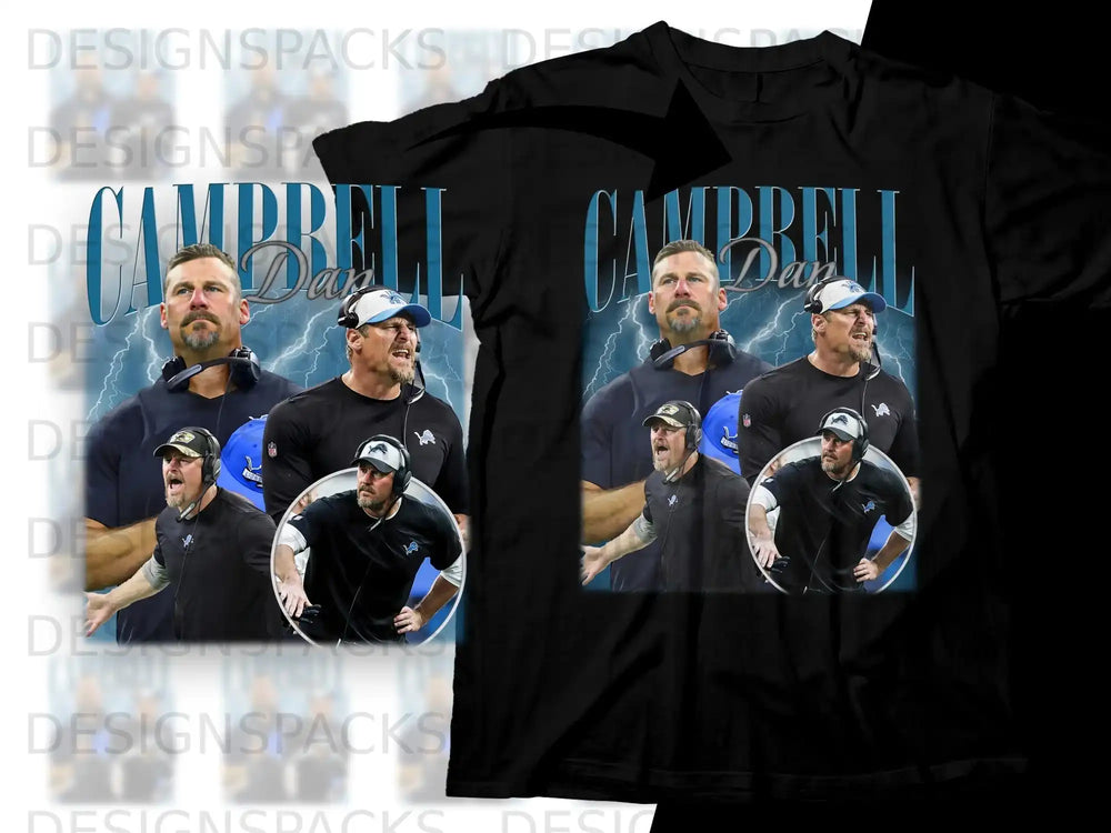 Collage of two Detroit Lions coaches, Dan Campbell, in black t-shirt.