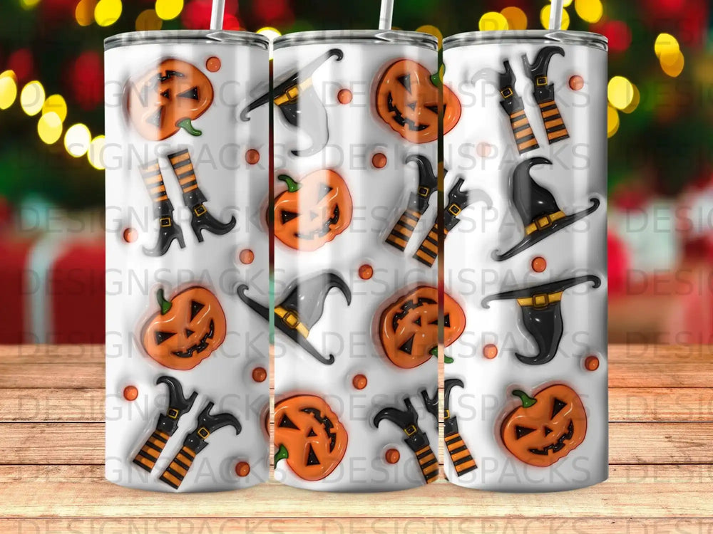 Halloween tumbler with pumpkins, witch hats, and striped socks pattern.