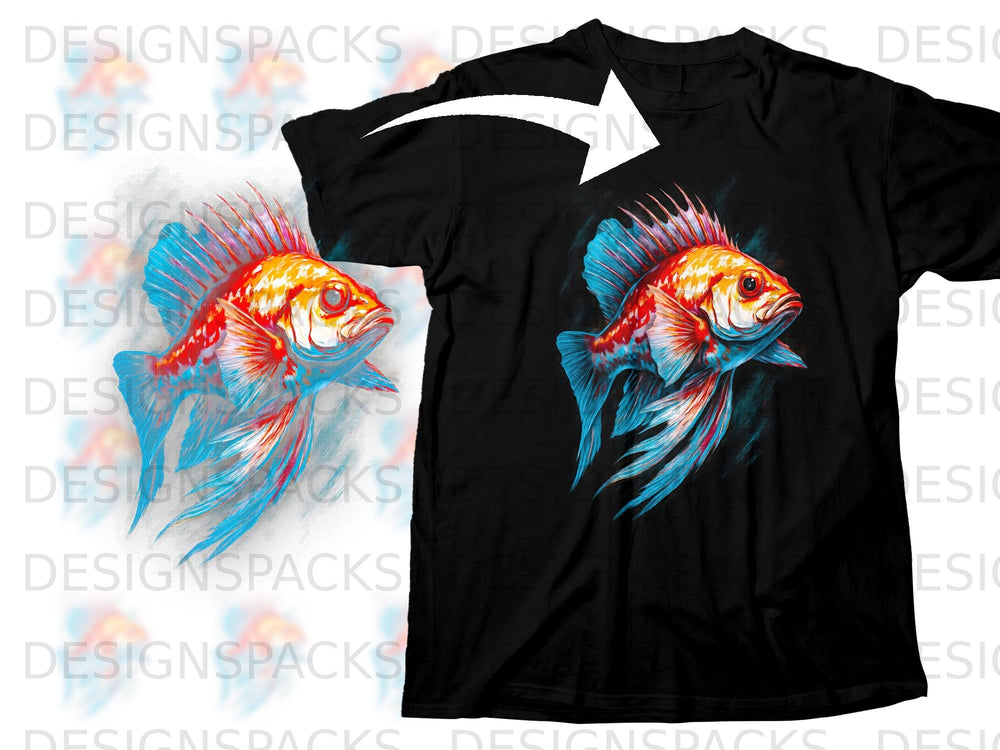 Black t-shirt with a vibrant, stylized goldfish graphic.
