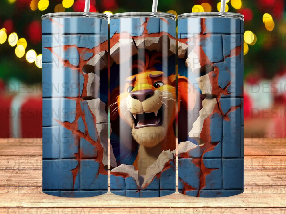 Lion breaking through a brick wall, cartoon style, on a tumbler.