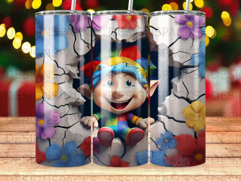 Cartoon character with blue hair breaking through a cracked wall with flowers.