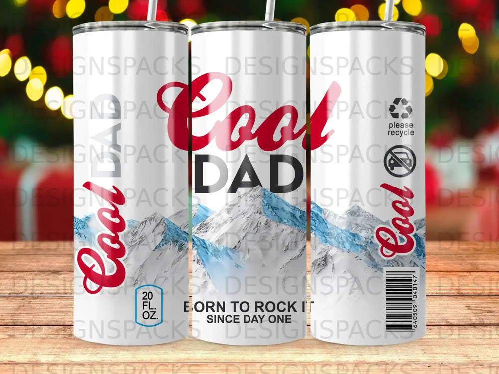 Cool Dad tumbler with mountains and recycle symbol.