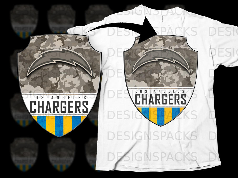 Los Angeles Chargers shield logo with camouflage and stripes on a white t-shirt.