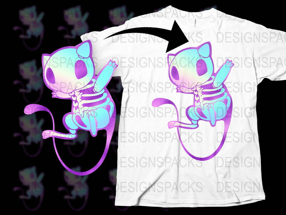 Cute Skeleton Cat T-Shirt, Whimsical Purple and Blue Design, Unique Graphic Tee for All Ages