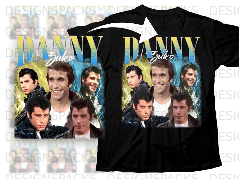 Black t-shirt featuring "Danny Zuko" graphic with cast members from Grease.
