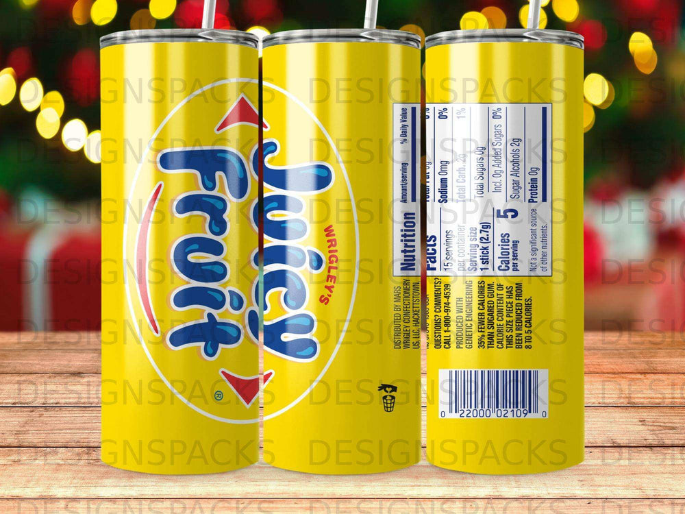 Yellow Wrigley's Fruit Juicy Fruit gum wrapper with nutrition facts.