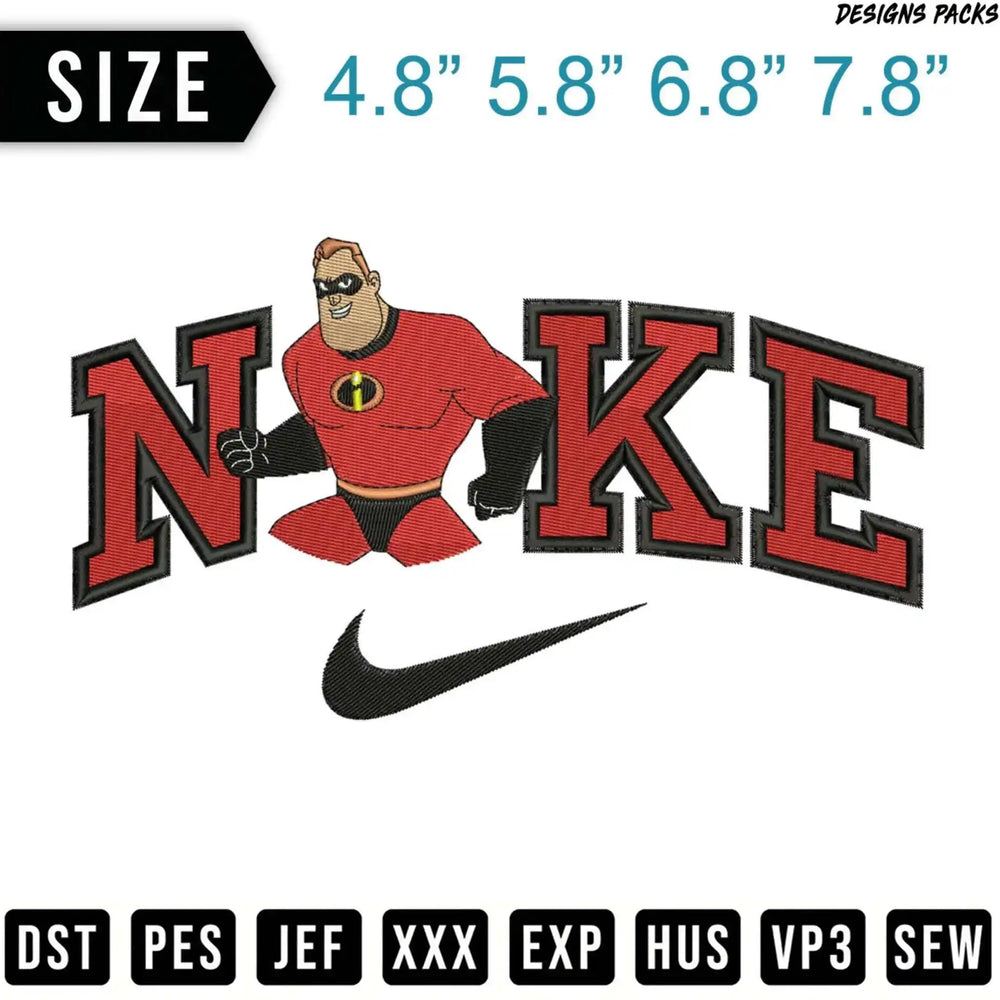 Mr. Incredible in Nike logo embroidery design with file formats.