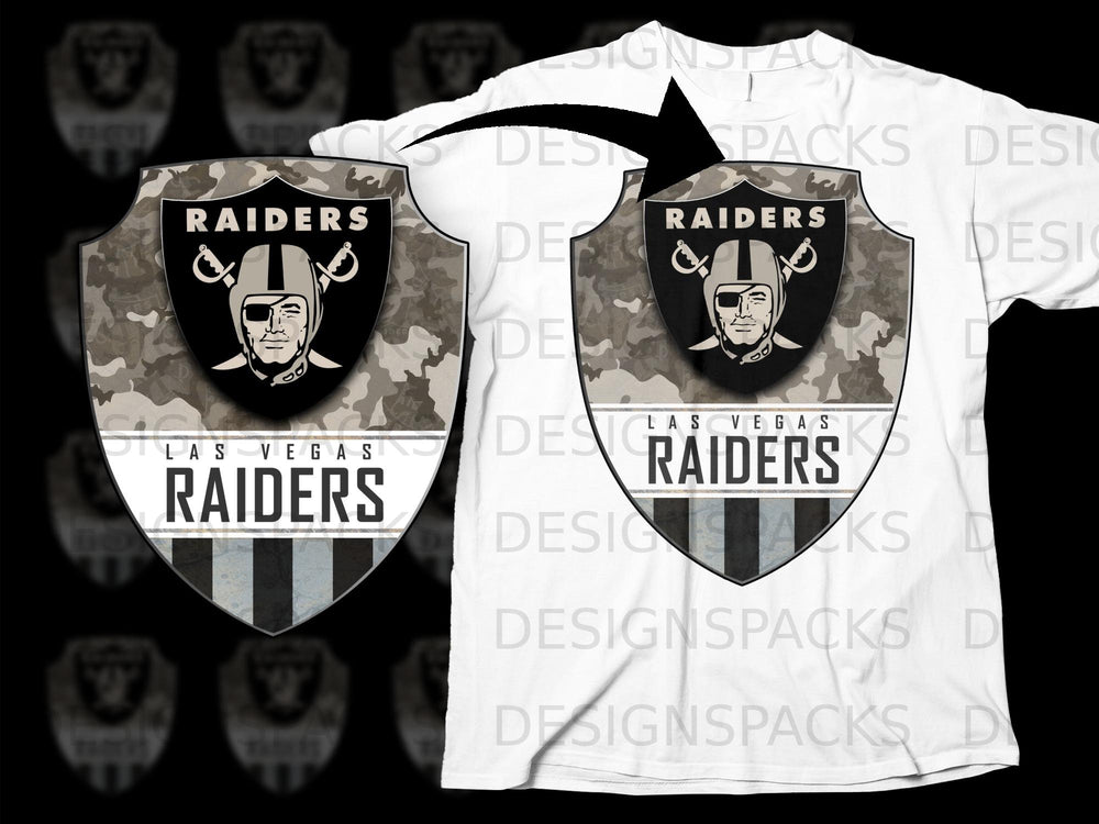 Las Vegas Raiders shield logo with camouflage pattern on white t-shirt.