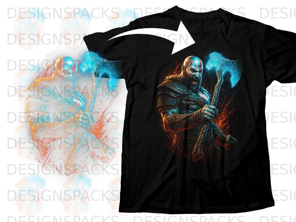 Kratos from God of War holding two glowing axes on a black t-shirt.