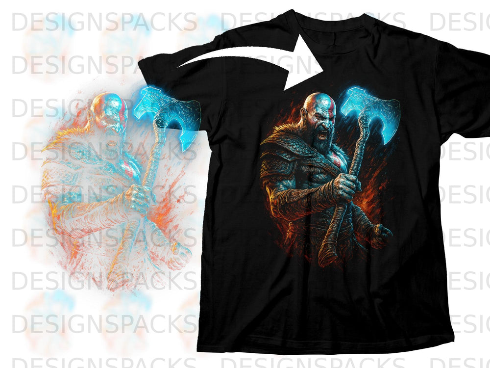 Kratos from God of War holding two glowing axes on a black t-shirt.