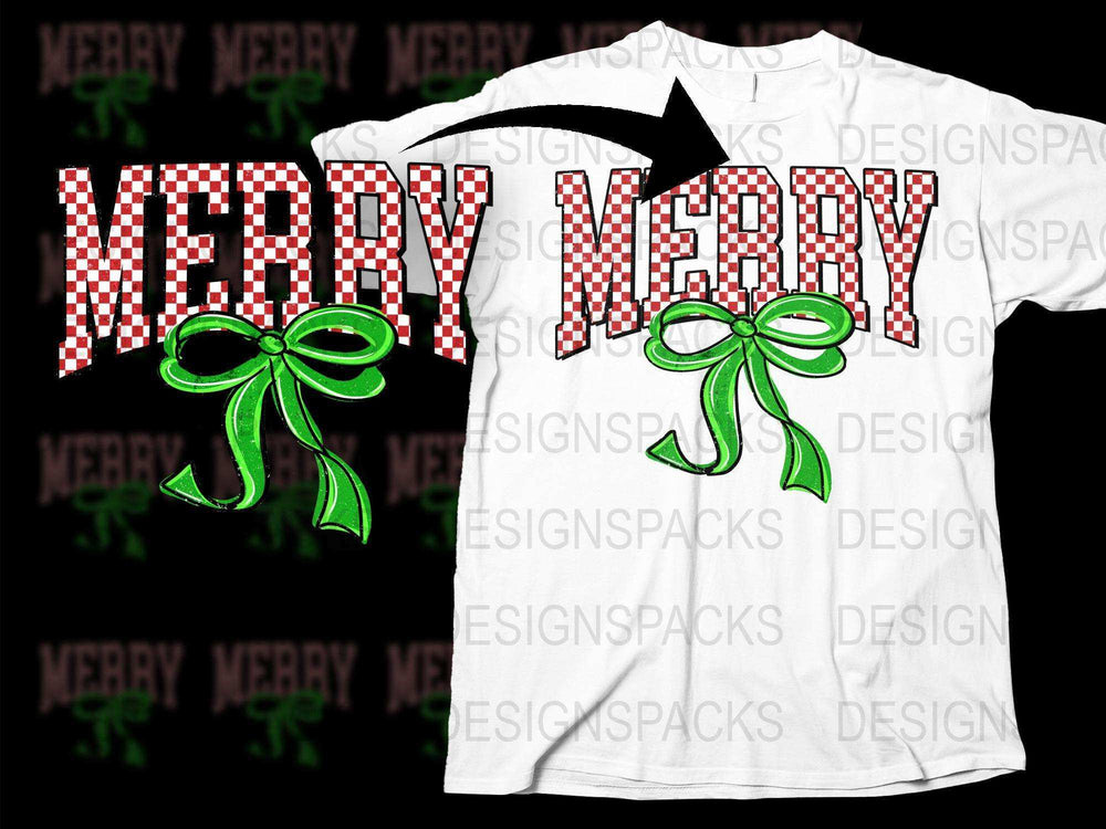 Festive Merry Christmas T-Shirt, Plaid Lettering, Green Bow Graphic, Holiday Casual Wear, Unisex Gift Idea